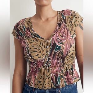 NEW Madewell Shirred Cap-Sleeve Top in Brushstroke Monstera Women’s Medium
